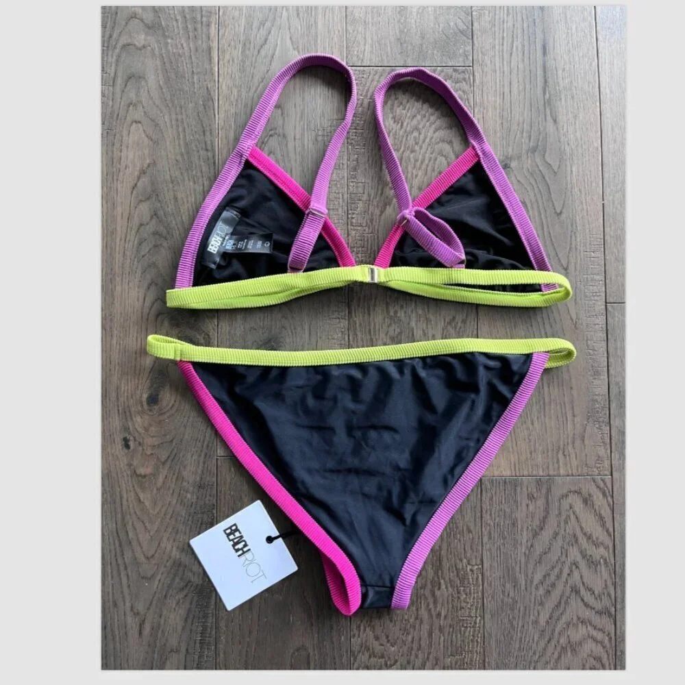 Beach Riot Mika Becca Bikini Set NWT Black Multi Swimwear Size Large Two Piece - Picture 4 of 6